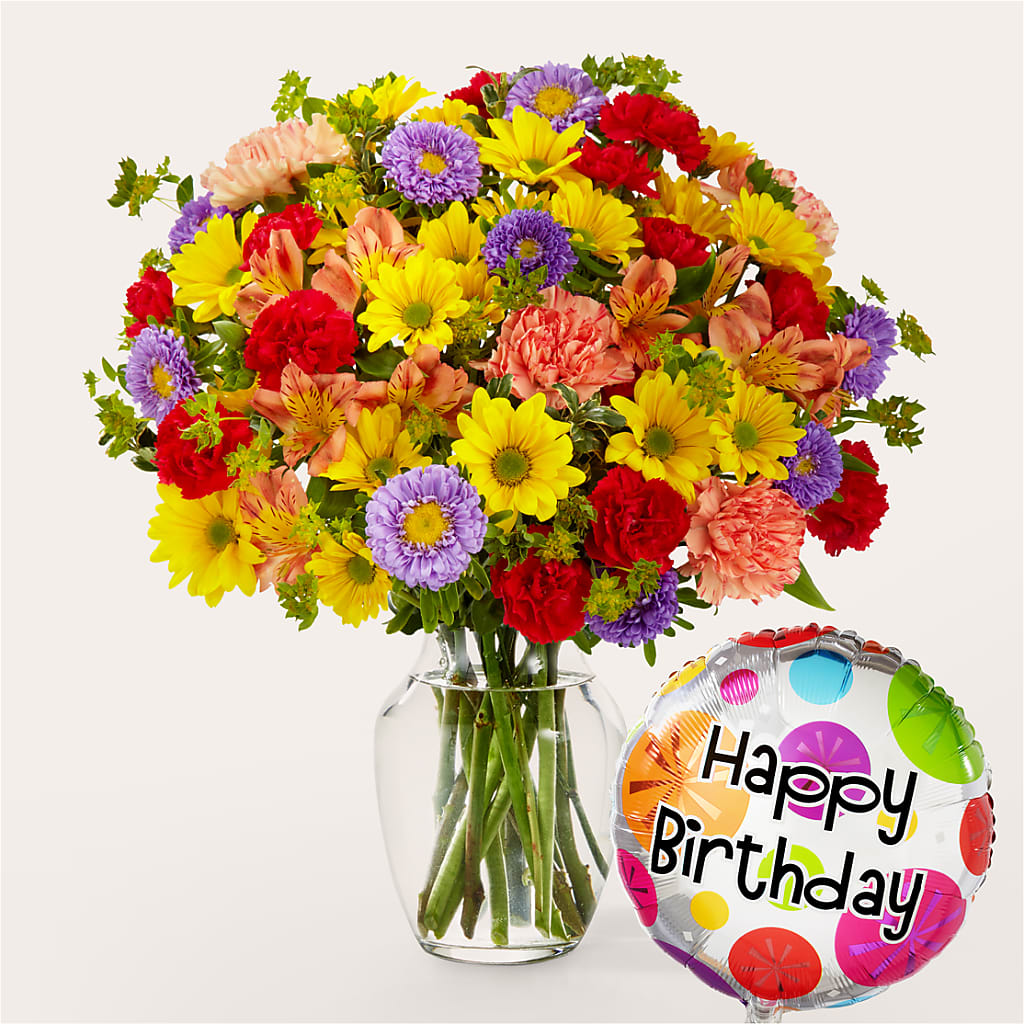 Kaleidoscope Bouquet with Birthday Balloon – Rainbow Floral, Lacey WA