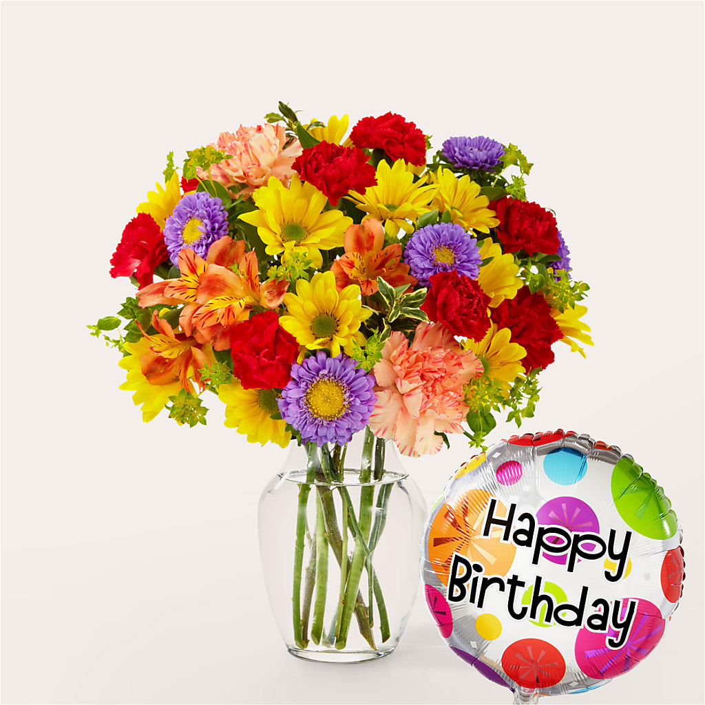 Kaleidoscope Bouquet with Birthday Balloon – Rainbow Floral, Lacey WA