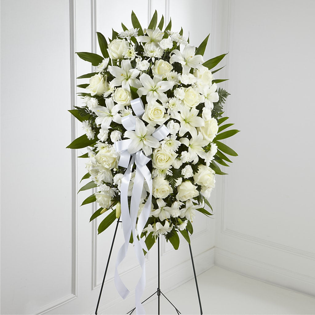 Exquisite Tribute Standing Spray-White Ribbon – Rainbow Floral, Lacey WA