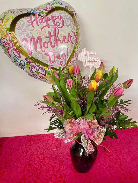 Dozen Mixed Color Tulips Bouquet w/Balloon